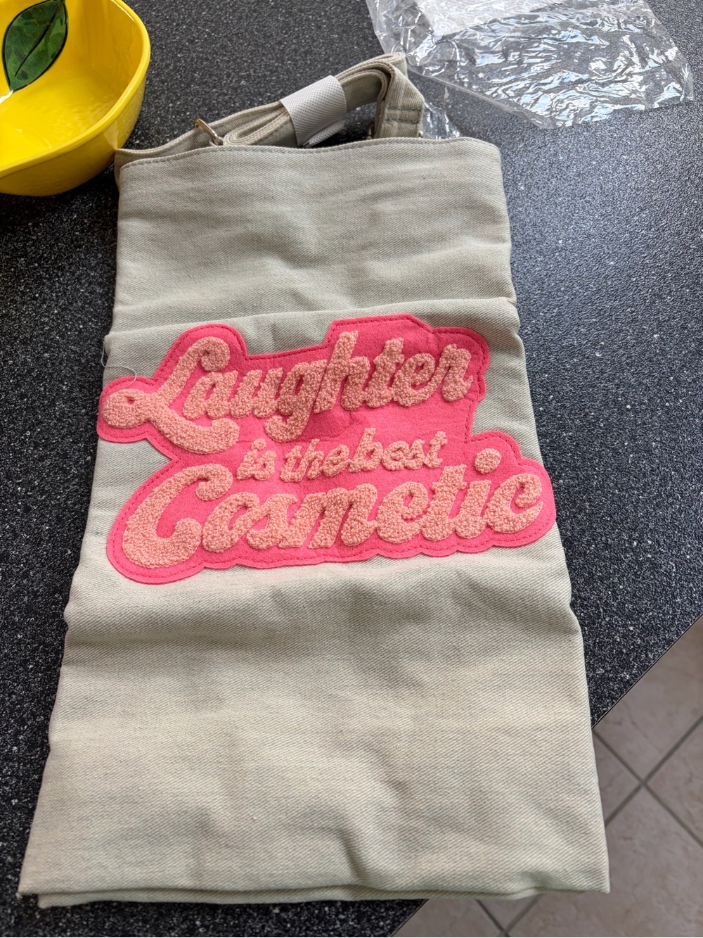 Benefit Ivory Denin Tote Bag/Pink Chenille Logo Laughter is the Best Cosmetic